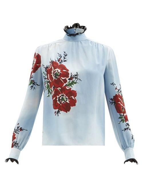 Rodarte - Back-bow Floral-print Silk Blouse - Womens - Blue Multi
