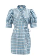 Ganni - Puffed-sleeve Checked-seersucker Dress - Womens - Blue Multi
