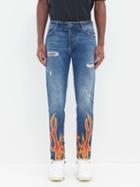 Palm Angels - Burning Flame-print Distressed Jeans - Mens - Blue Red
