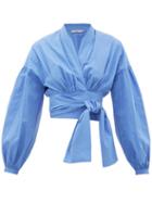 Matchesfashion.com Three Graces London - Greta Balloon-sleeve Cotton-poplin Wrap Blouse - Womens - Blue