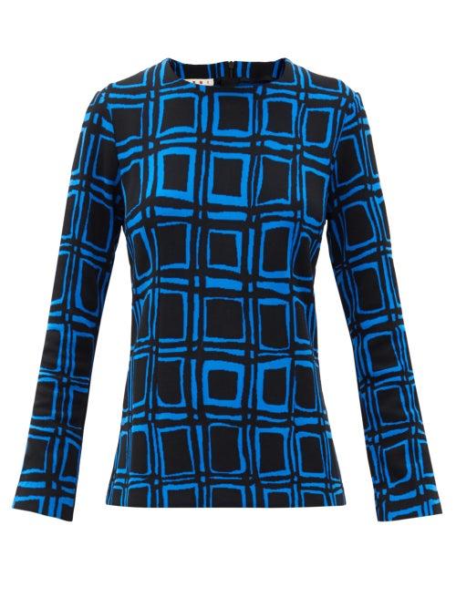 Matchesfashion.com Marni - Cubic-print Cotton-blend Blouse - Womens - Blue Multi