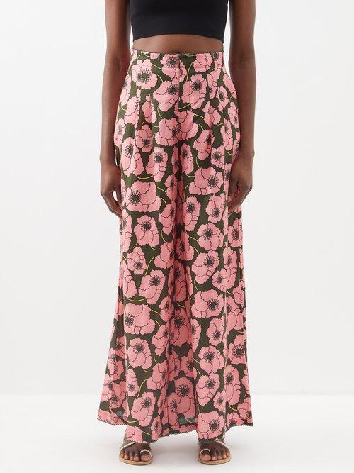 Agua By Agua Bendita - Pinon Floral-print Linen Wide-leg Trousers - Womens - Pink Print