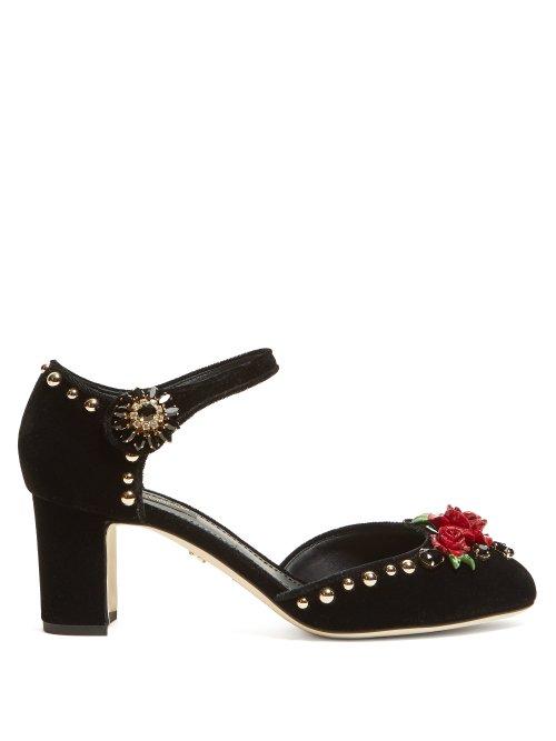 Matchesfashion.com Dolce & Gabbana - Crystal Embellished Mary Jane Velvet Pumps - Womens - Black