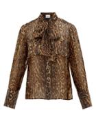 Matchesfashion.com Burberry - Amelie Leopard-print Tie-neck Mulberry-silk Blouse - Womens - Leopard