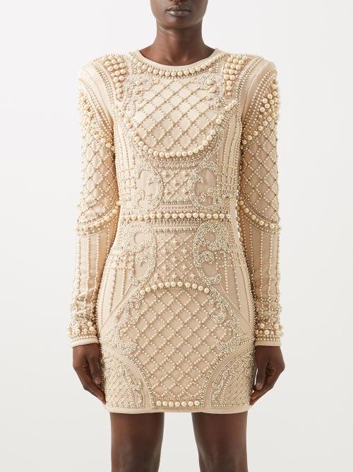 Balmain - Revival Crystal And Faux-pearl Mini Dress - Womens - Nude