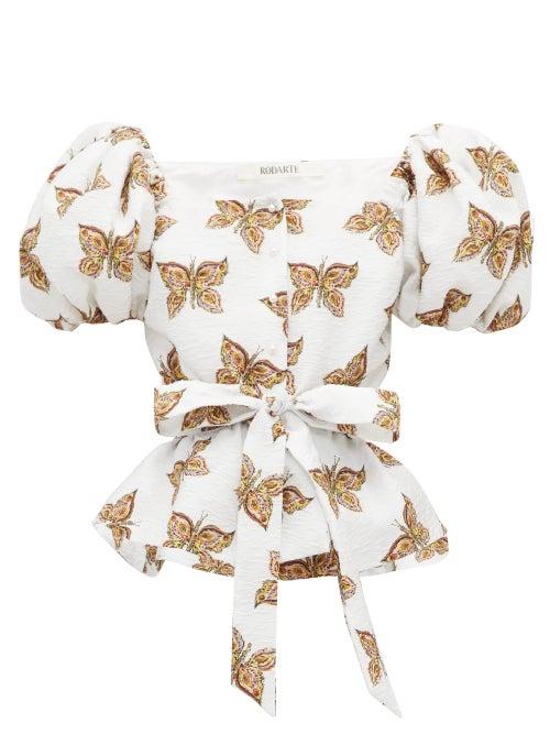 Matchesfashion.com Rodarte - Butterfly Print Cloqu Top - Womens - White Multi