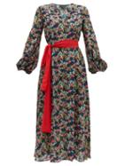 Matchesfashion.com Saloni - Lucia Floral Print Silk Crepe De Chine Dress - Womens - Navy Multi
