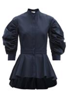 Matchesfashion.com Alexander Mcqueen - Peplum-hem Balloon-sleeve Cotton-poplin Top - Womens - Navy