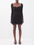 Self-portrait - Flared-sleeve Ruched Crepe Mini Dress - Womens - Black
