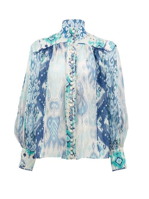 Matchesfashion.com Zimmermann - Glassy Ikat-print Linen-blend Organza Blouse - Womens - Blue Print