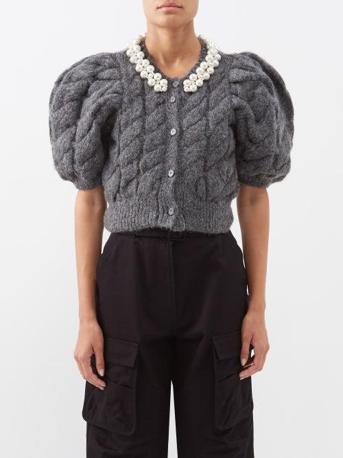 Simone Rocha - Faux Pearl-embellished Cable-knit Cardigan - Womens - Charcoal