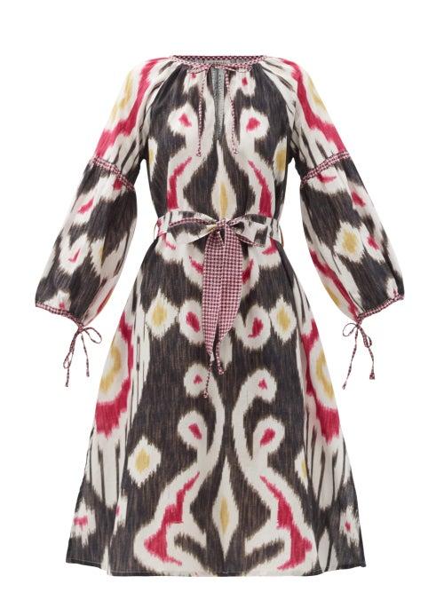 Matchesfashion.com D'ascoli - Uzbek Tie-waist Ikat-print Cotton Dress - Womens - Black Multi