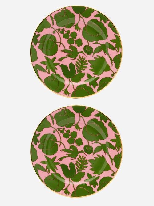 La Doublej - Set Of Two Wildbird Porcelain Dessert Plates - Pink Print