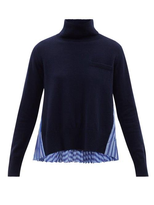 Sacai - Deconstructed Wool And Cotton Roll-neck Sweater - Womens - Navy Stripe