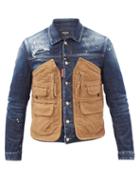 Matchesfashion.com Dsquared2 - Corduroy Pocket-panel Distressed Denim Jacket - Mens - Blue