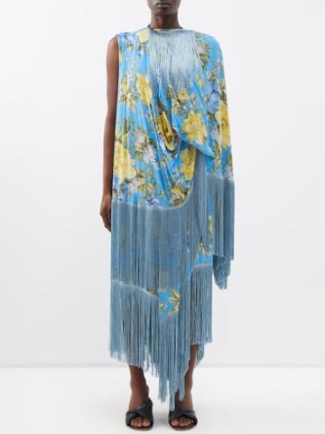 Acne Studios - One-shoulder Floral-jacquard Fringed Dress - Womens - Blue