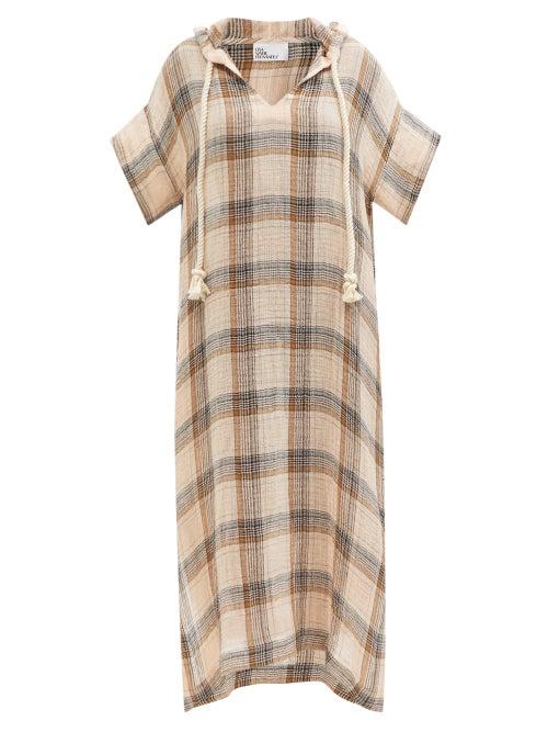 Ladies Beachwear Lisa Marie Fernandez - Hooded Check Linen-blend Kaftan - Womens - Pink