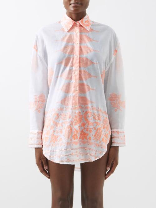 Juliet Dunn - Dhaka-embroidery Cotton-poplin Shirt - Womens - Orange White