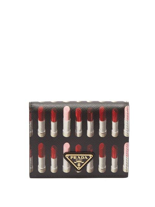 Matchesfashion.com Prada - Lipstick Print Leather Compact Wallet - Womens - Black Multi