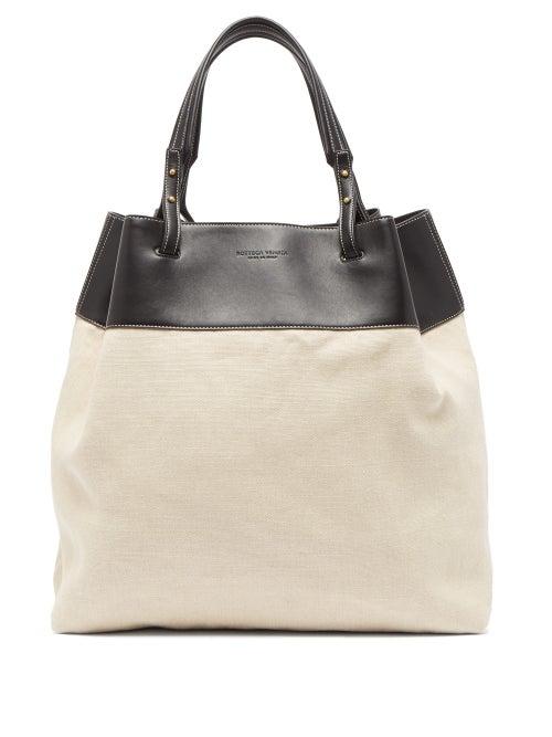 Matchesfashion.com Bottega Veneta - Quad Leather Trimmed Canvas Tote Bag - Mens - Black White