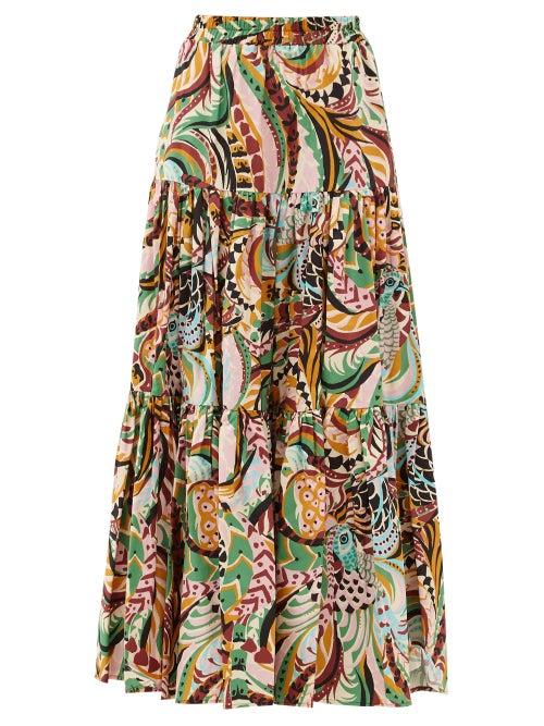 Matchesfashion.com La Doublej - Big Skirt Peacock-print Cotton-poplin Maxi Skirt - Womens - Multi