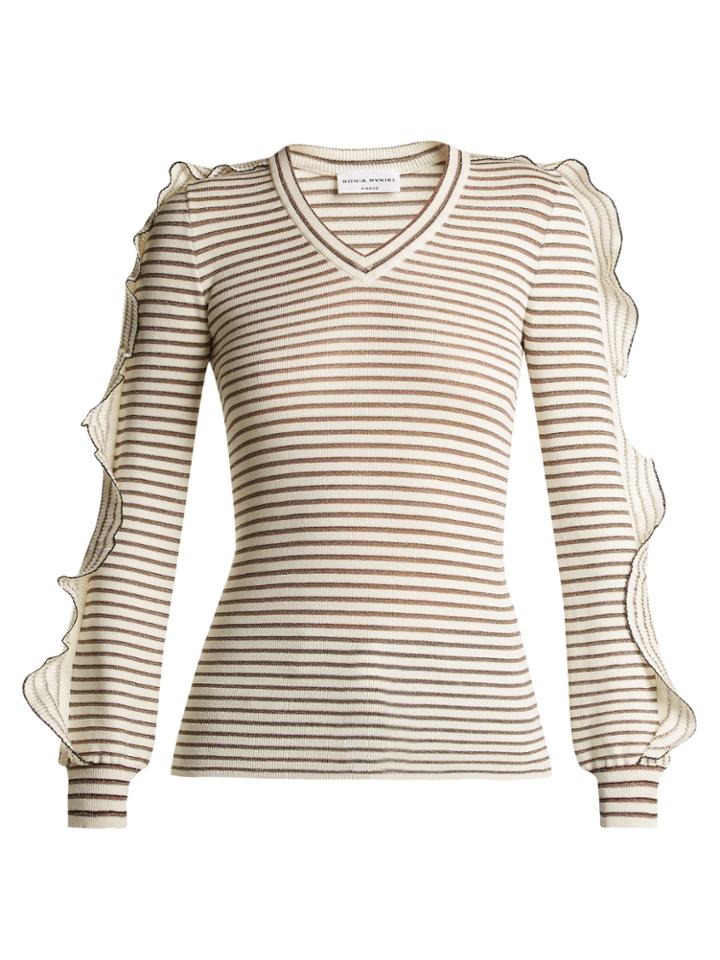 Sonia Rykiel Ruffle-trimmed Striped Cotton-blend Sweater
