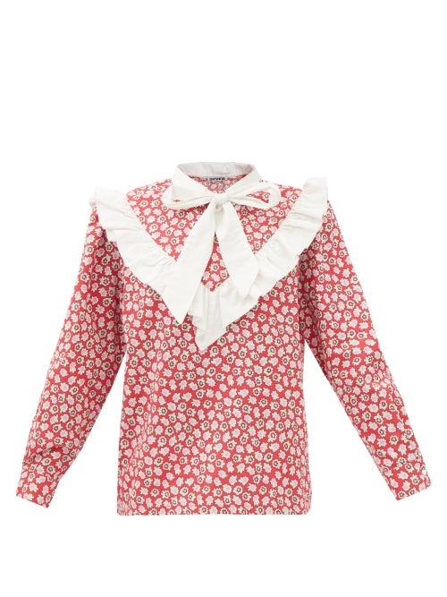 Batsheva - Carol Floral-print Ruffled-yoke Cotton Blouse - Womens - Red Multi