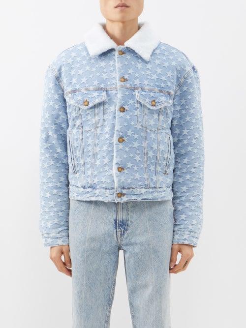 Erl - Faux Shearling-collar Star-jacquard Denim Jacket - Mens - Blue