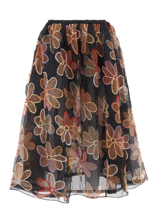 Ashish - Big Daisy Floral-cutwork Silk-organza Skirt - Womens - Black Multi