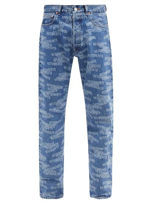 Mens Rtw Vetements - Monogram-print Slim-leg Jeans - Mens - Blue