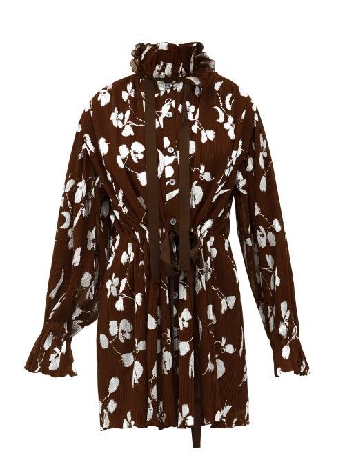 Matchesfashion.com Halpern - Floral-print Pliss Georgette Mini Dress - Womens - Brown White