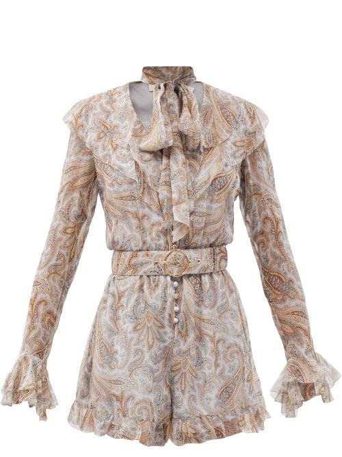 Matchesfashion.com Zimmermann - Luminous Paisley-print Ruffled Silk Playsuit - Womens - Blue Print