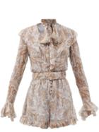 Matchesfashion.com Zimmermann - Luminous Paisley-print Ruffled Silk Playsuit - Womens - Blue Print
