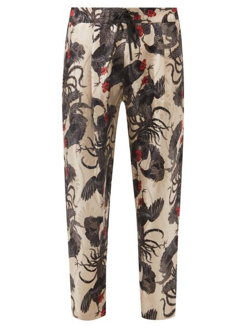 Nipoaloha - Rooster-print Silk-twill Trousers - Mens - Tan Multi