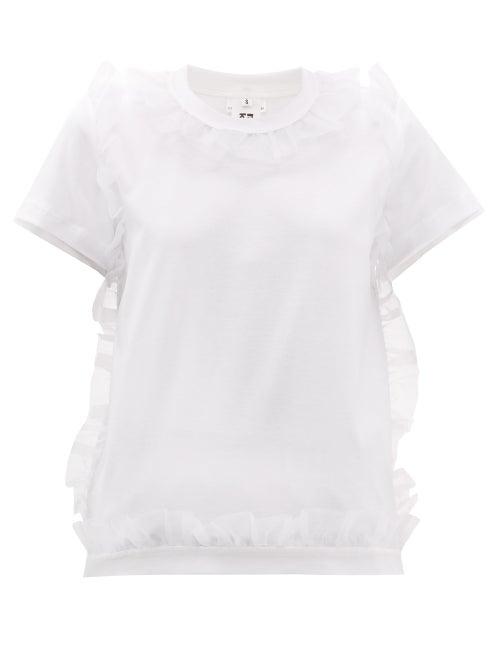 Matchesfashion.com Noir Kei Ninomiya - Ruffled Organza Trimmed Cotton T Shirt - Womens - White