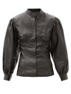 Matchesfashion.com Marine Serre - Balloon-sleeve Shirred-leather Blouse - Womens - Black