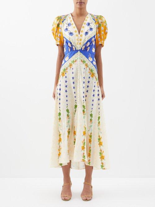 Saloni - Lea Floral-print Silk Midi Dress - Womens - White Yellow Multi