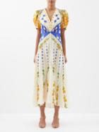 Saloni - Lea Floral-print Silk Midi Dress - Womens - White Yellow Multi