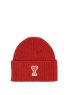 Matchesfashion.com Ami - Logo Patch Ribbed Wool Beanie Hat - Mens - Red