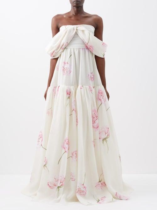Giambattista Valli - Rose-print Off-the-shoulder Silk-georgette Gown - Womens - Ivory Pink