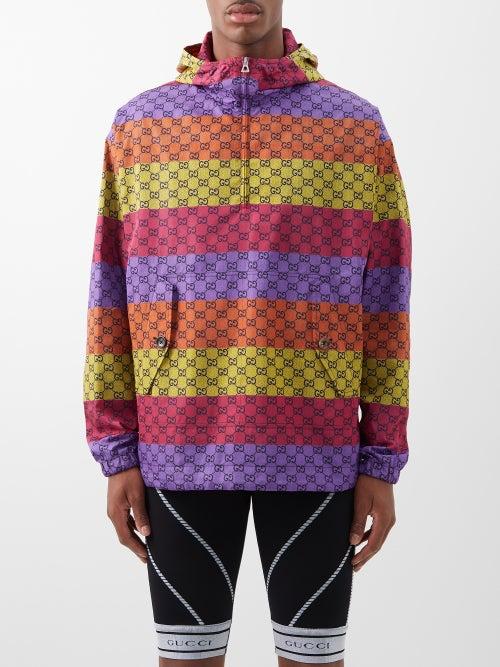 Gucci - Gg-print Striped Mesh Hooded Jacket - Mens - Purple Multi