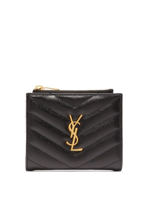 Matchesfashion.com Saint Laurent - Logo Plaque Bi Fold Quilted Leather Wallet - Womens - Black