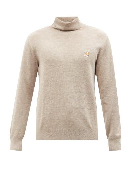 Maison Kitsun - Fox Head Roll-neck Wool Sweater - Mens - Beige