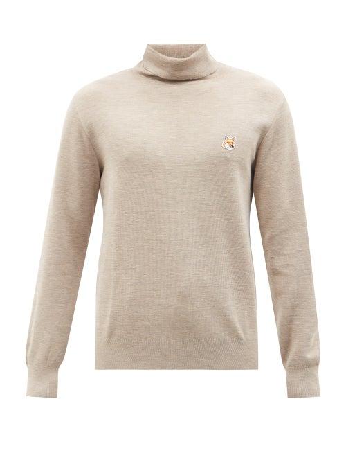 Maison Kitsun - Fox Head Roll-neck Wool Sweater - Mens - Beige