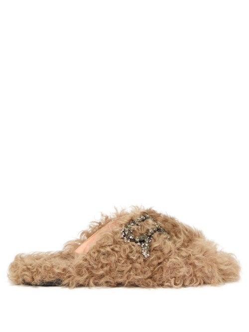 Matchesfashion.com Rochas - Crystal Embellished Shearling Slides - Womens - Beige