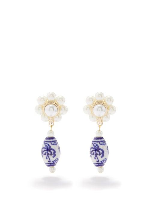 Shrimps - Elise Ceramic And Faux-pearl Earrings - Womens - Blue Multi