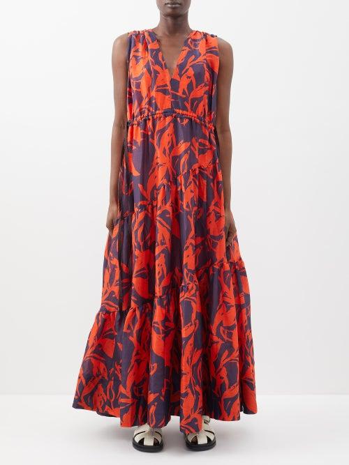 Lee Mathews - Nellie Printed Linen-blend Maxi Dress - Womens - Red Navy