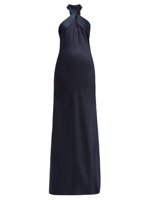 Matchesfashion.com Galvan - Eve Twist Neck Silk Satin Maxi Dress - Womens - Navy