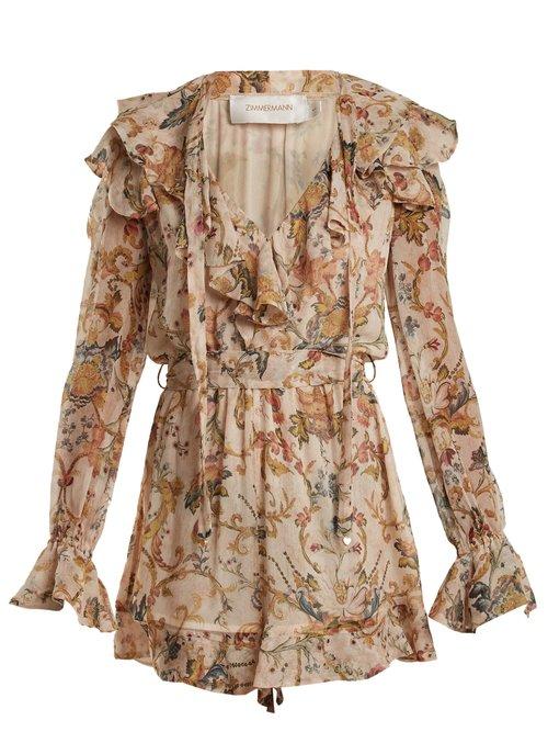 Matchesfashion.com Zimmermann - Painted Heart Cascade Floral Print Silk Playsuit - Womens - Pink Multi