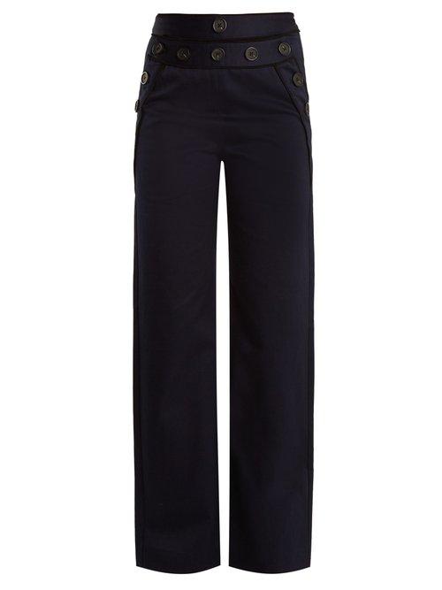 Matchesfashion.com Self-portrait - High Rise Wide Leg Cotton Blend Twill Trousers - Womens - Navy